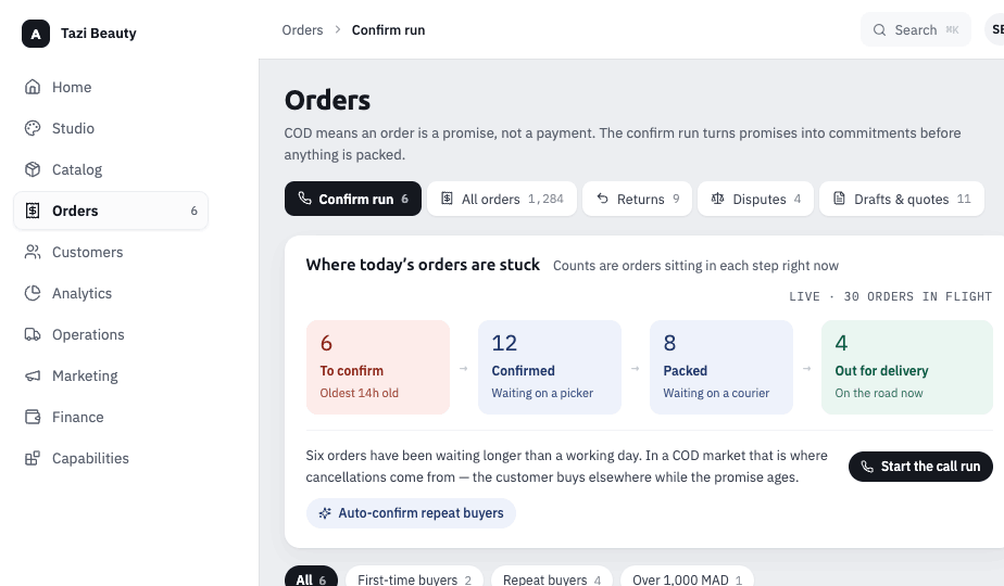 Agora admin — the cash-on-delivery confirm run