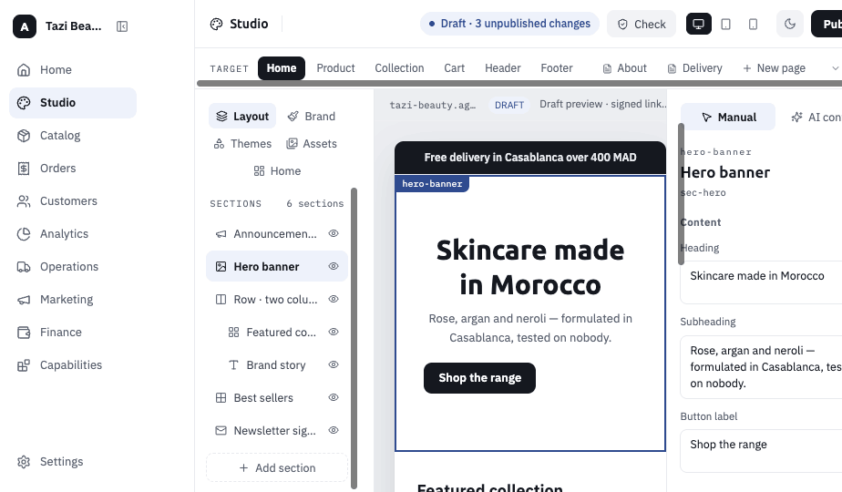 Theme Studio — layout operations and brand tokens